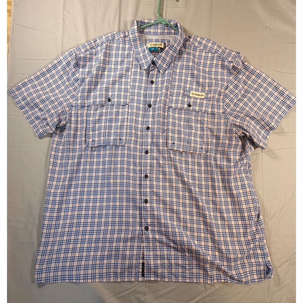 Magellan Outdoors Fish Gear Mens 3XL Blue Plaid Short Sleeve Fishing Shirt
